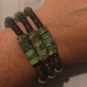 Turquoise and wood bracelets made by Hadley